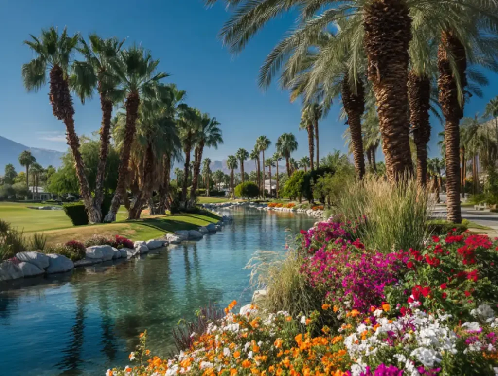 Palm tree-lined path in Indian Wells neighborhood with mountains in the background